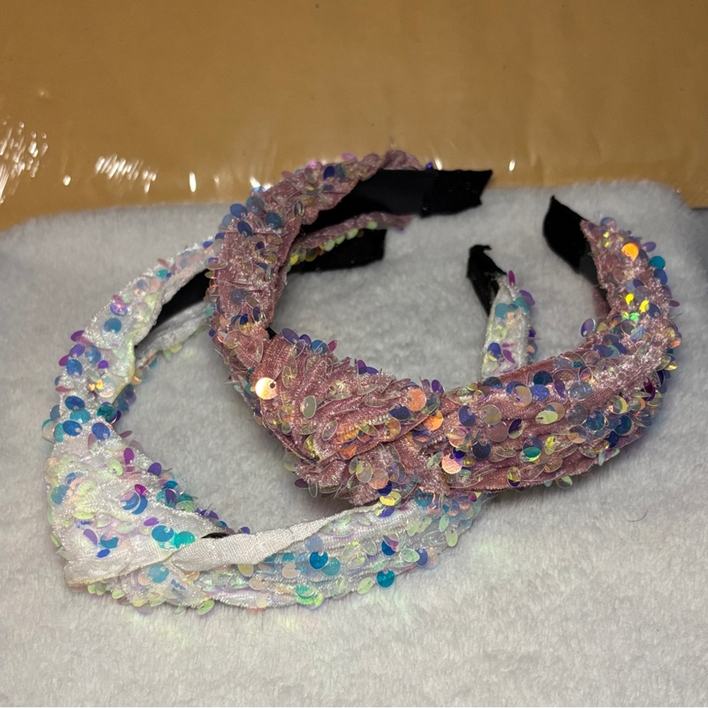 New! Iridescent Sequin Embellished Headbands in Mauve Pink and White